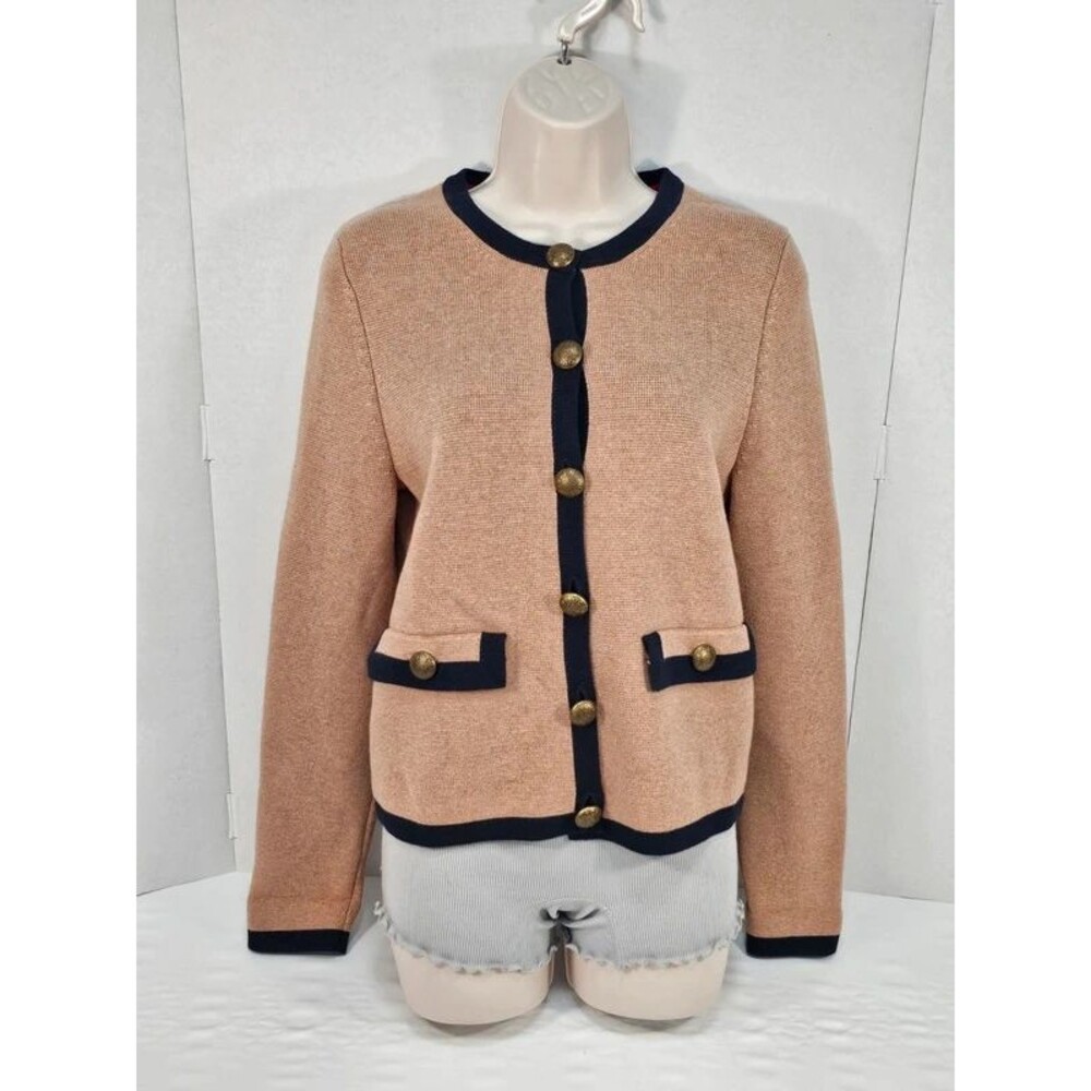 Boden Holly Knitted Jacket US 6 Tan Camel Navy Blue Trim Contrast Cardigan Top